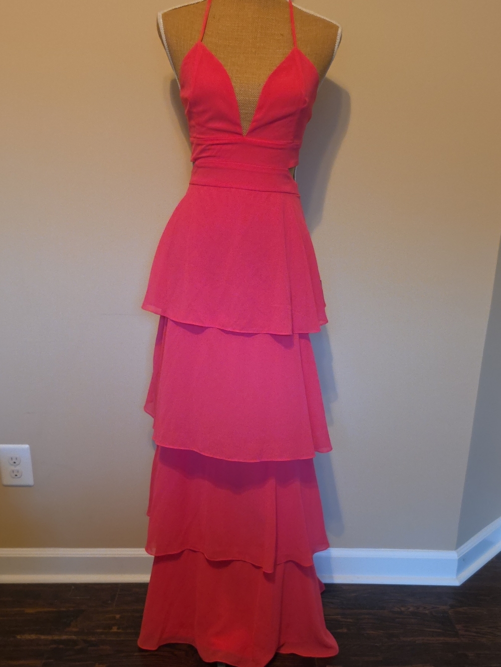 Lulu's Hot Pink Tiered Halter Maxi Dress